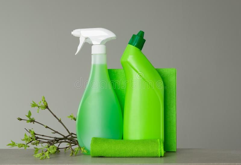 Green set spring cleaning few twigs young leaves copy space neutral background 138789933