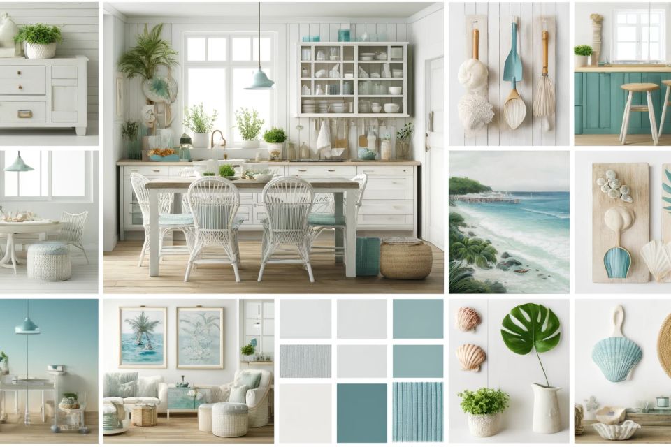 Dall·e 2024 05 29 15.42.01   a sample interior design mood board for a coastal style kitchen. the mood board features a fresh and breezy color palette with shades of white  light 
