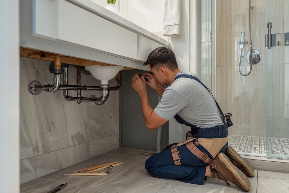 Lucid origin a professional plumber working on a modern bathro 0