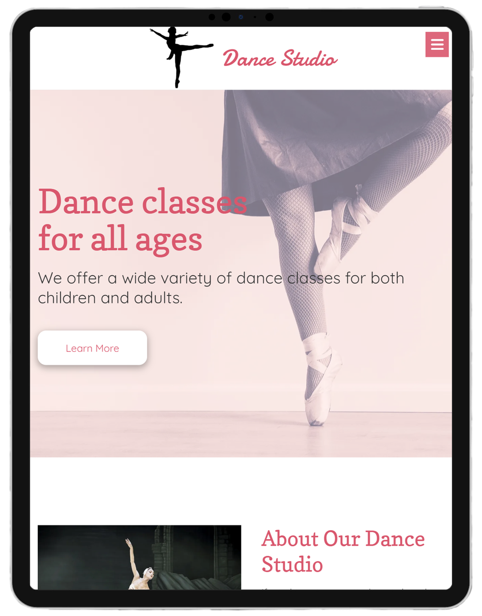ipad tablet preview of the mobile website for ballet dance studio