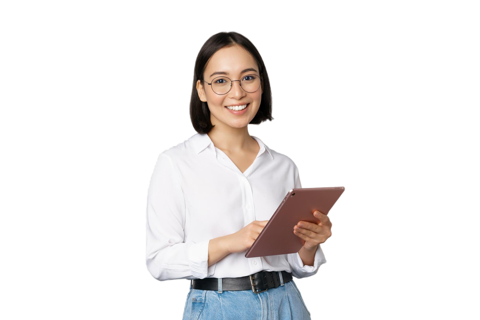 Image young asian woman company worker glasses smiling holding digital tablet standing white background