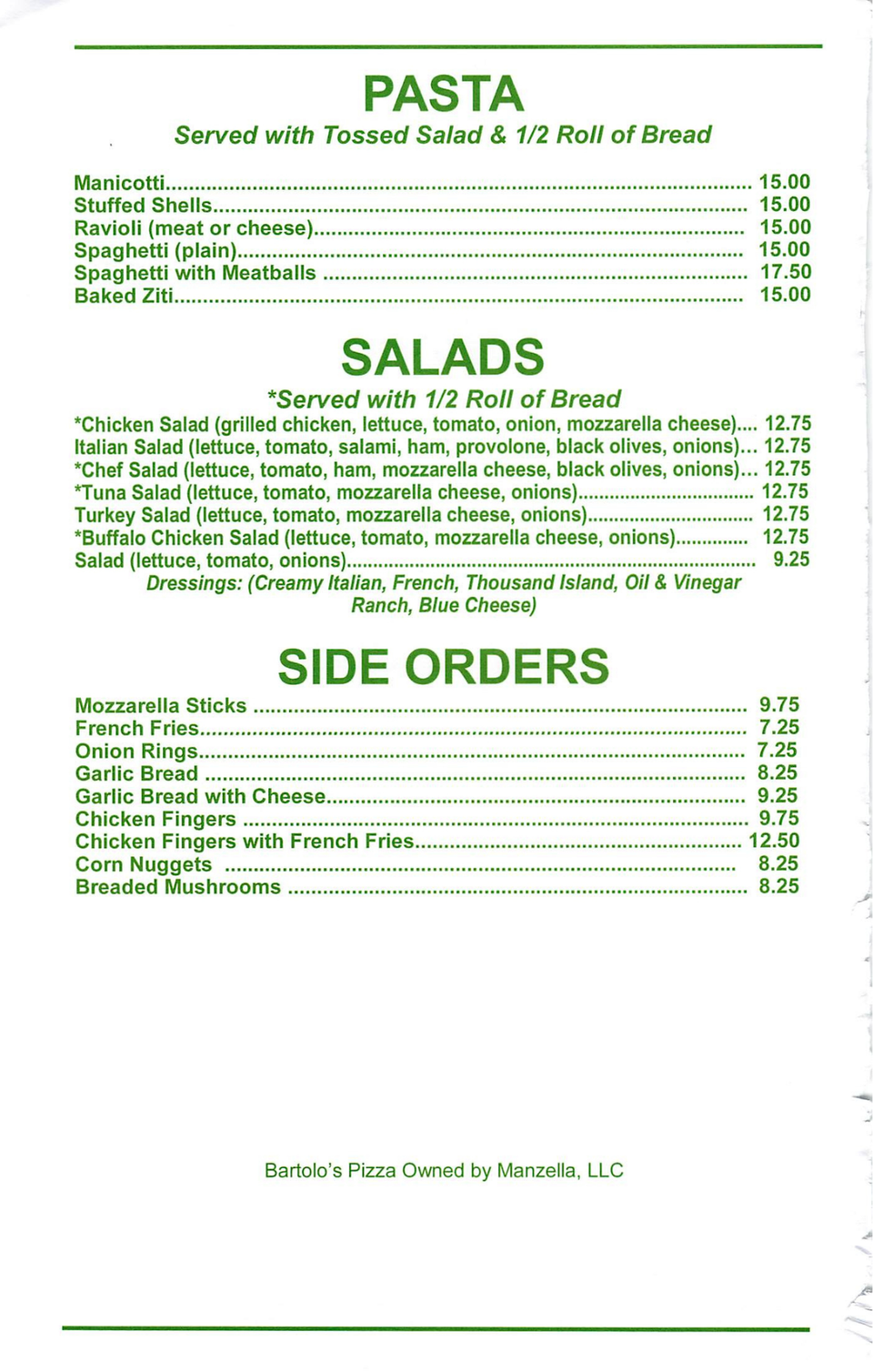 Bartolos Palmyra Pasta & Sides Menu