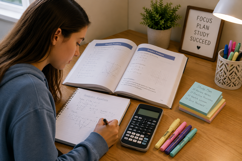 Student studying mathematics independently using a workbook, calculator, notebook, highlighters, and organized study materials to improve understanding and academic success.
