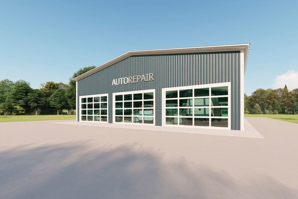 Auto repair metal building rendering 3