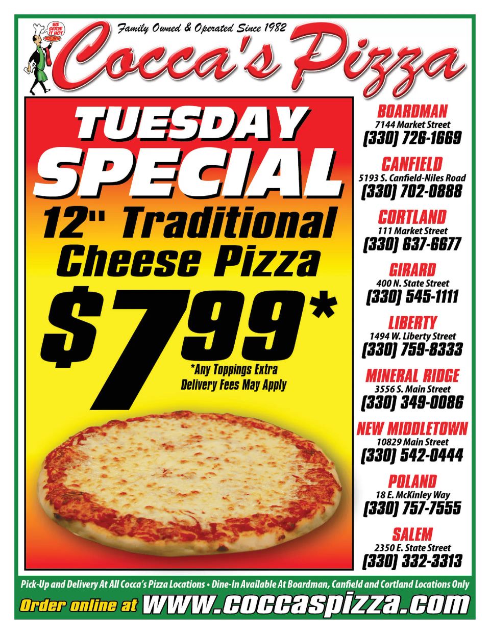 Tuesday special promotion for a 12-inch cheese pizza.