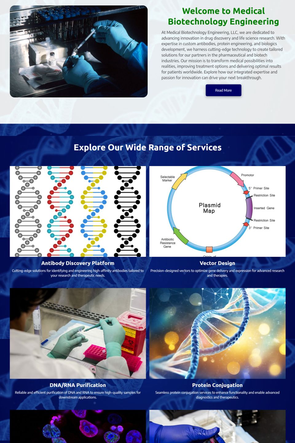 Full-page view of Medical Biotechnology Engineering website at FITCI in Frederick Maryland displaying biotech service offerings like antibody discovery and RNA purification.