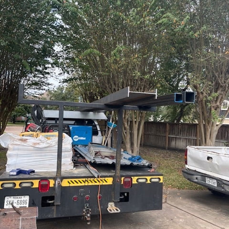 Marquez Welding mobile welding rig preparing steel beams on-site for a custom metal project in Houston