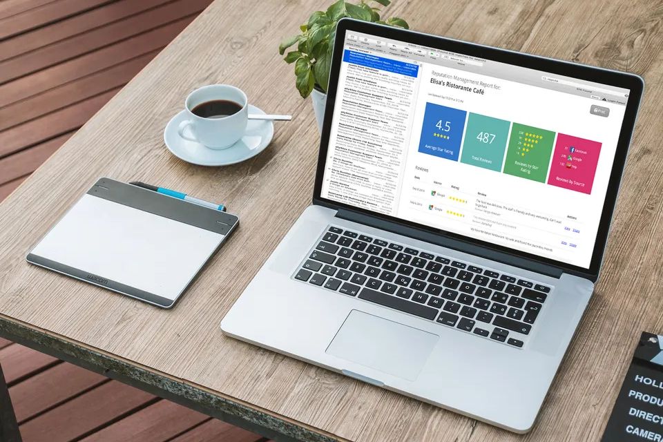 clean and orgnaized workspace with a laptop displaying GloboWeb Website & Digital Agency's daily reputation management report