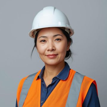 Head and shoulders portrait of an asian middle aged female construction worker