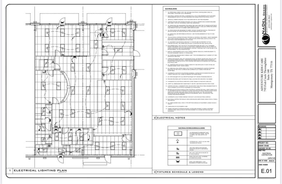 Electrical lighting plan for Adventure Kids Care project by Nadel Design – Layout of lighting fixtures, circuits, and power sources