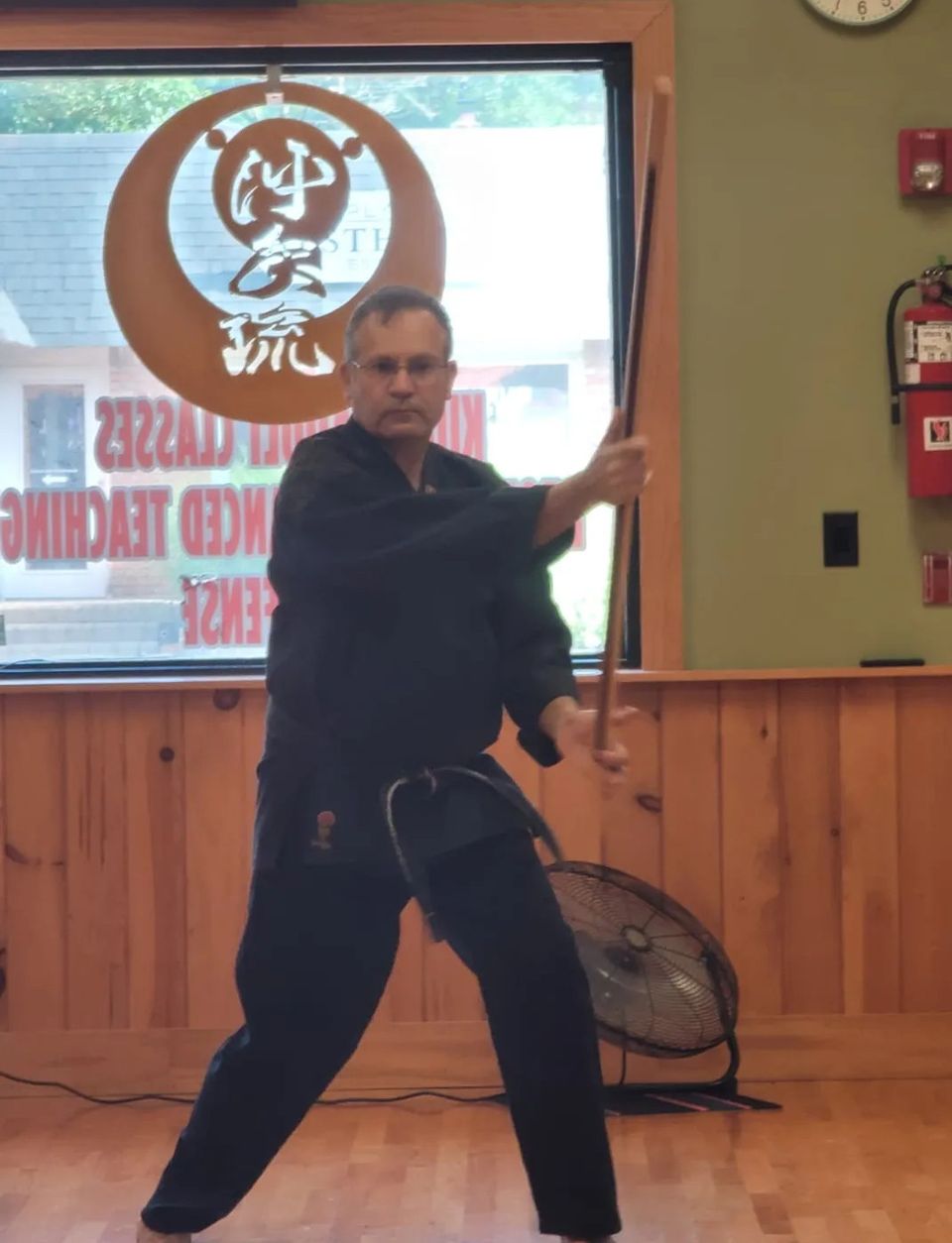 Kyoshi Manny Soares demonstrating a karate weapons karate at Takamine Karate Dojo in Miller Place