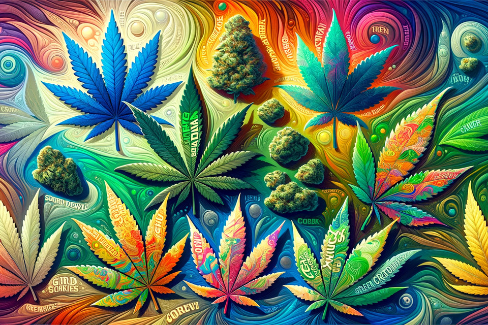 Dall e 2023 11 30 20.06.40 a vibrant and artistic collage representing a variety of cannabis strains. the image features illustrated representations of different cannabis leaves