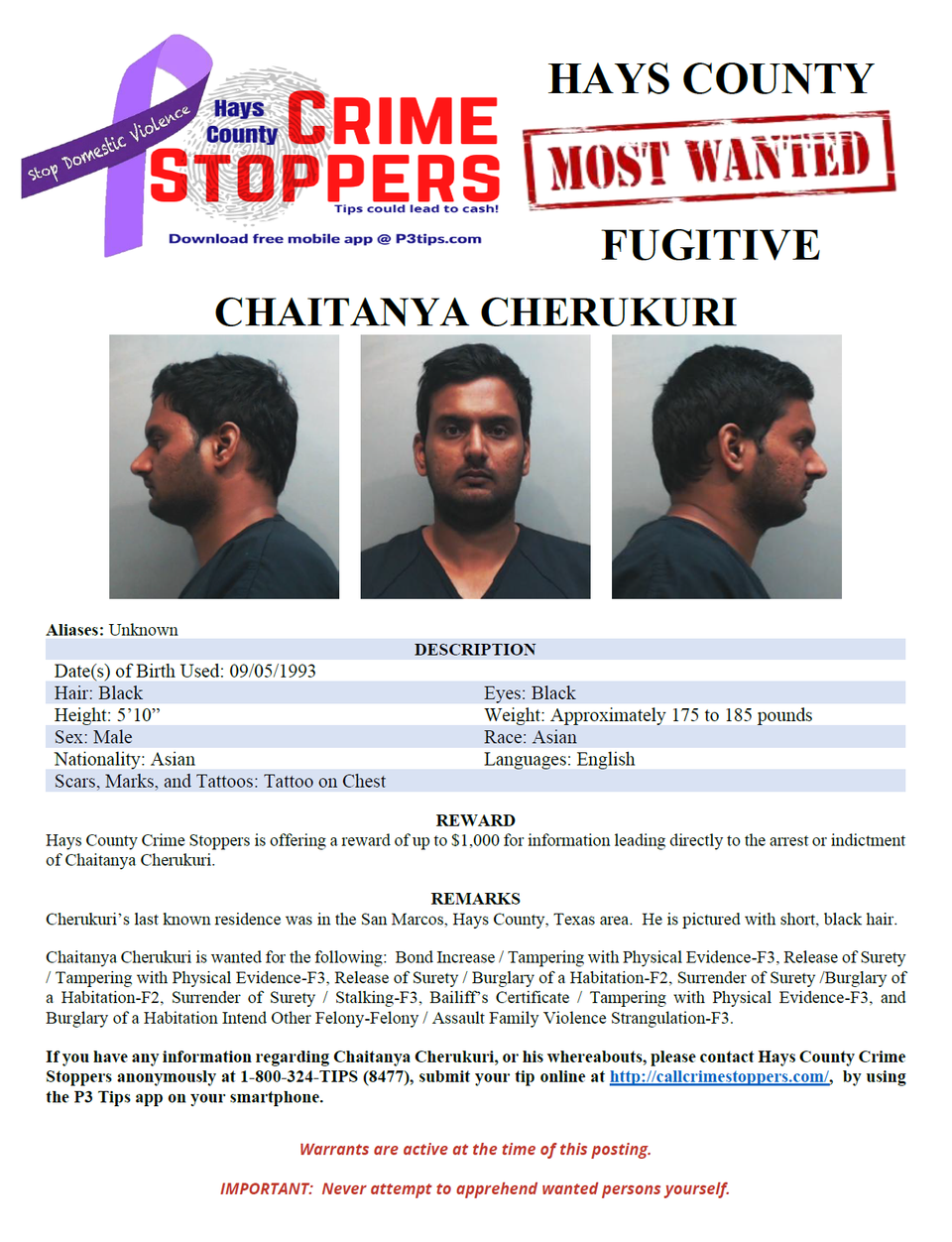 Cherukuri most wanted poster