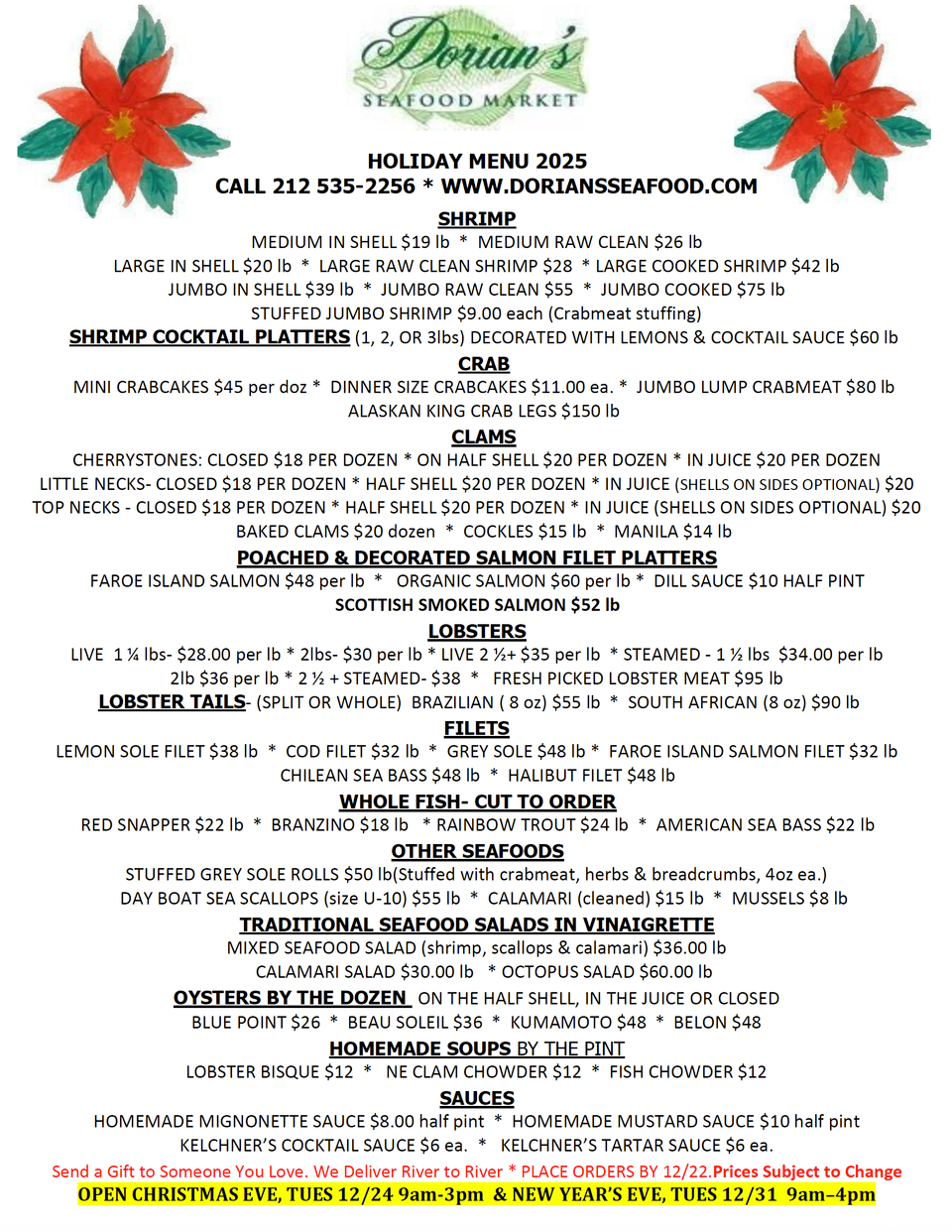 Dorians holiday menu