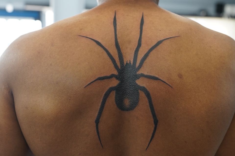 Image of a large black widow spider tattoo in the center of a man's back between his shoulder blades and extends about halfway down his back in black ink only
