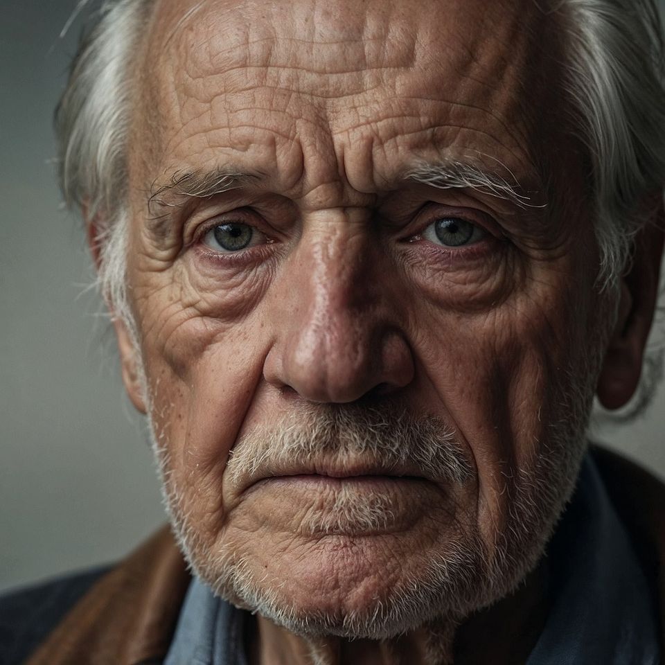 “Close-up portrait of an elderly man with deep-set eyes and expressive facial lines.”
