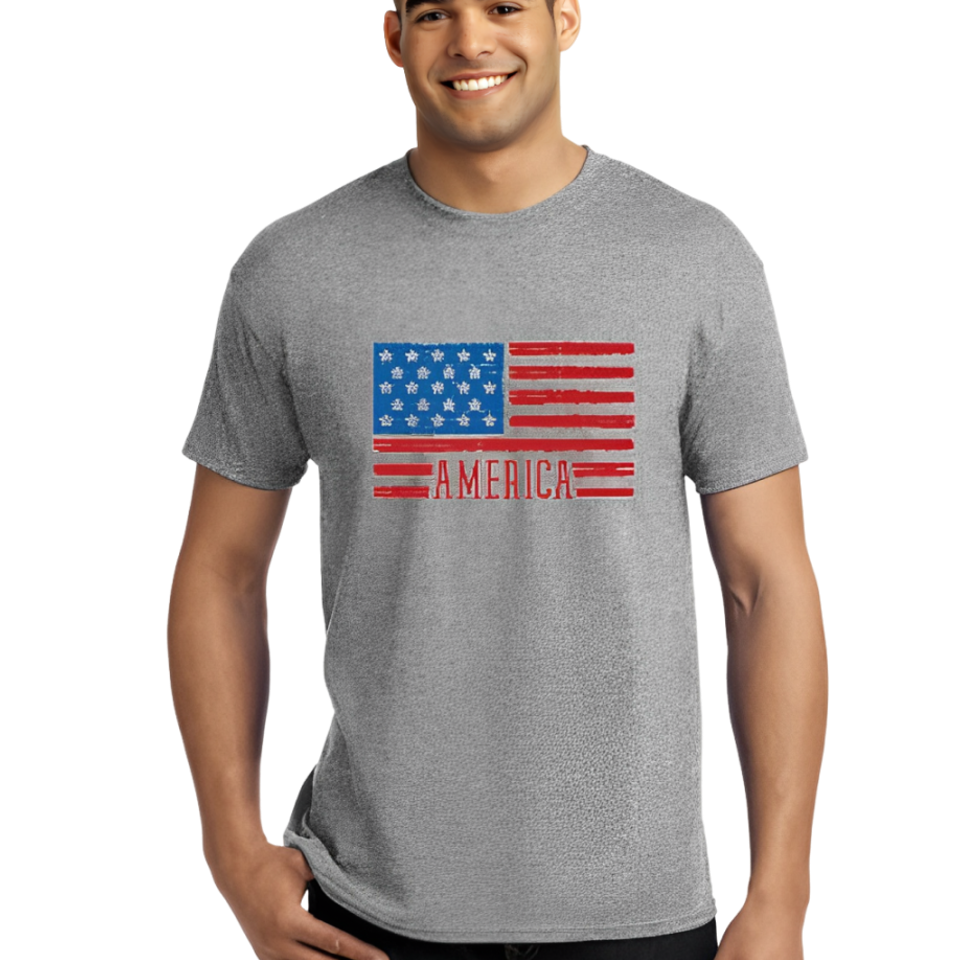 Model wearing a gray T-shirt with a distressed American flag graphic and the word "America" printed across the front.