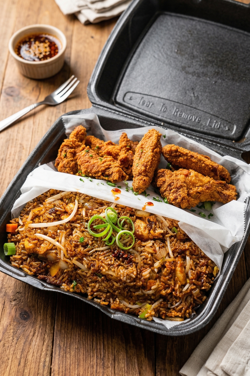 Korean‑style fried chicken wings with Wing Dash’s iconic St. Louis‑style fried rice in a takeout container from Wing Dash in Lewisville, Texas.