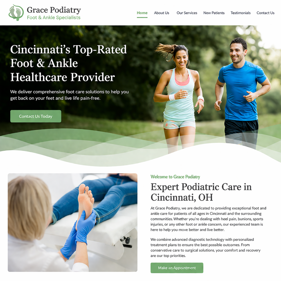 Grace Podiatry website homepage featuring their logo, services like heel pain treatment and sports injury care, and a banner image of two individuals jogging outdoors.