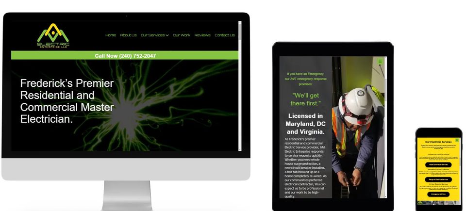 AM Electric Enterprise website in Frederick Maryland displayed on desktop, tablet, and smartphone with professional electrical services for homes and businesses.