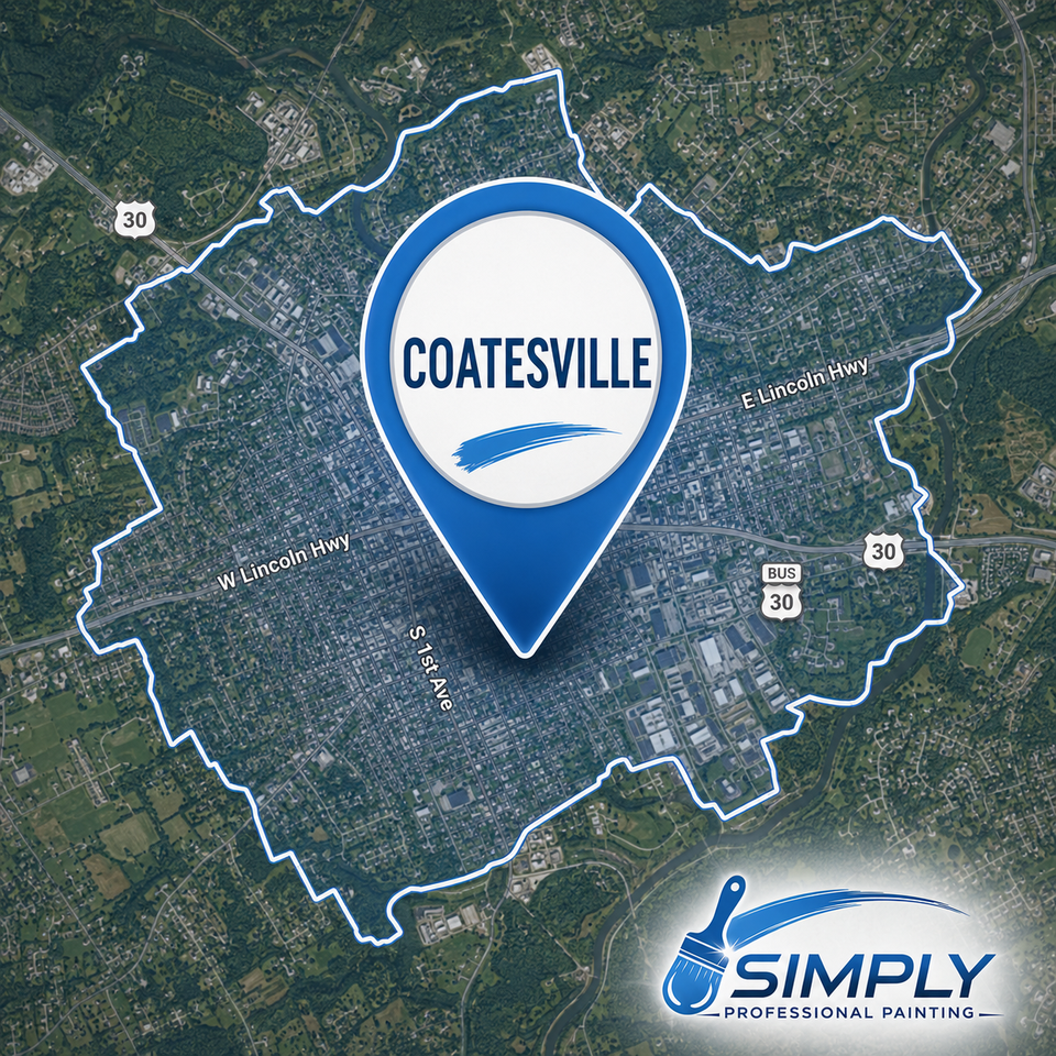 Coatesville pa interior painting service area map pin for simply professional painting