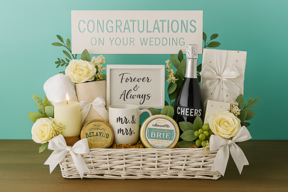 White wedding gift basket with sparkling wine, mug, candle, towel, cheeses, gift box, and floral embellishments. A white sign with teal text reads ‘Congratulations on Your Wedding,’ set against a soft teal backgroun Wedding