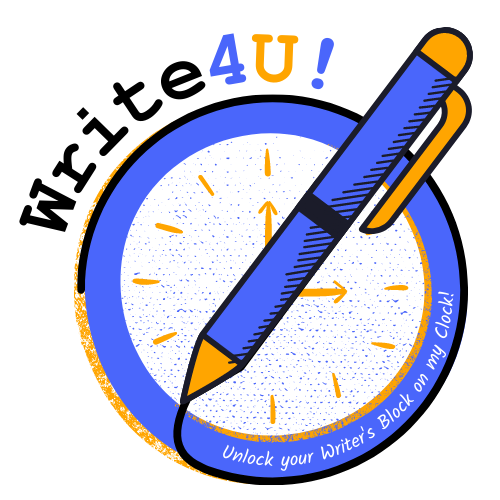Partner: Illustration of a clock with a blue pen as the hour hand. The text "Write4U!" is above, with "Unlock your Writer's Block on my Clock!" below. Creative and motivational tone.