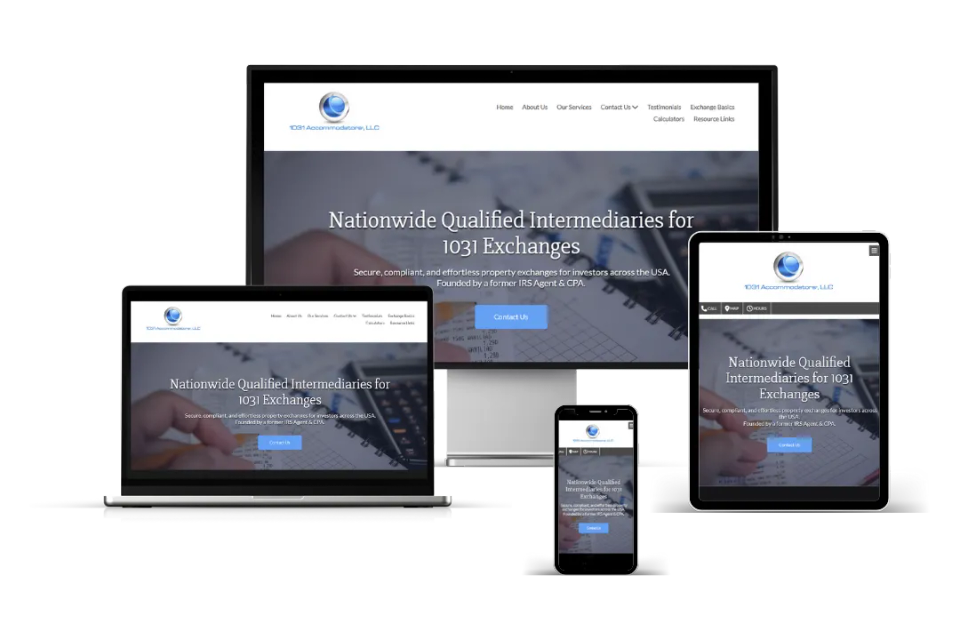 Responsive financial services website design displayed on desktop laptop and mobile for 1031 exchange qualified intermediaries