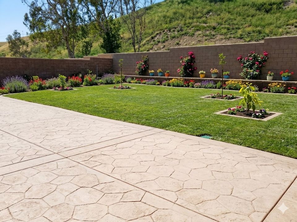 Custom retaining wall with stamped concrete patio, landscaped lawn, and backyard renovation project