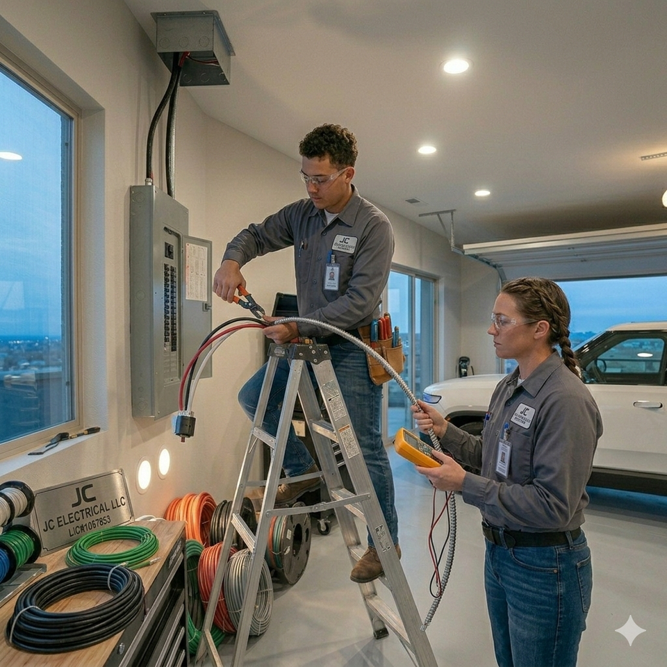 A diverse team of JC Electrical LLC electricians installing a dedicated 50-amp circuit and flexible conduit for a Level 2 EV charging station in a residential garage.