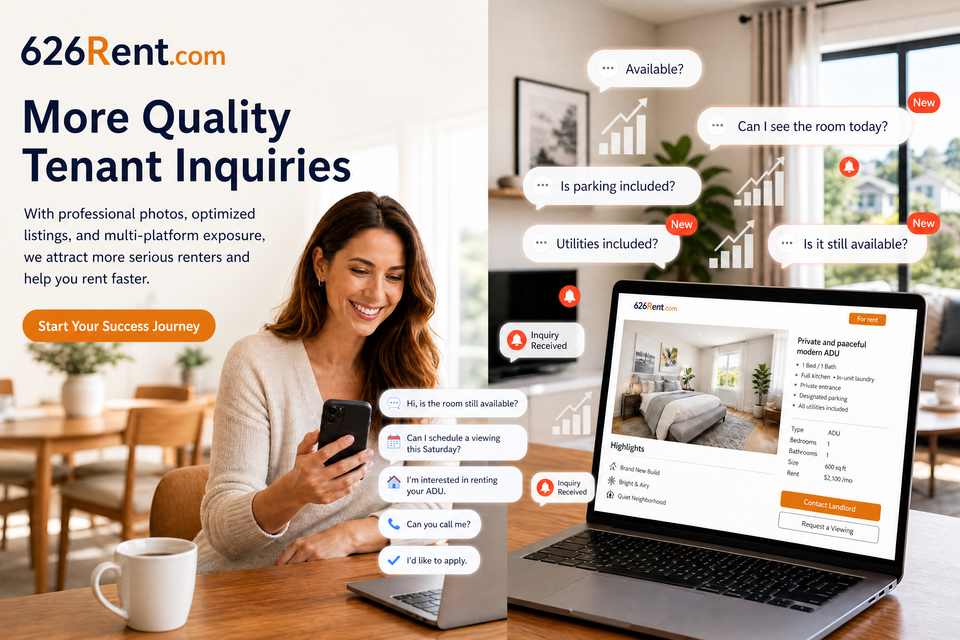 626Rent rental marketing service showing professional property listing, enhanced photos, optimized rental description, and multi-platform advertising to attract more qualified tenant inquiries.
