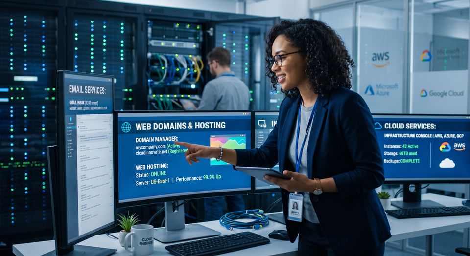 Woman in front of computer screens in data center representing email, hosting, and cloud services available through Sandbank Group.