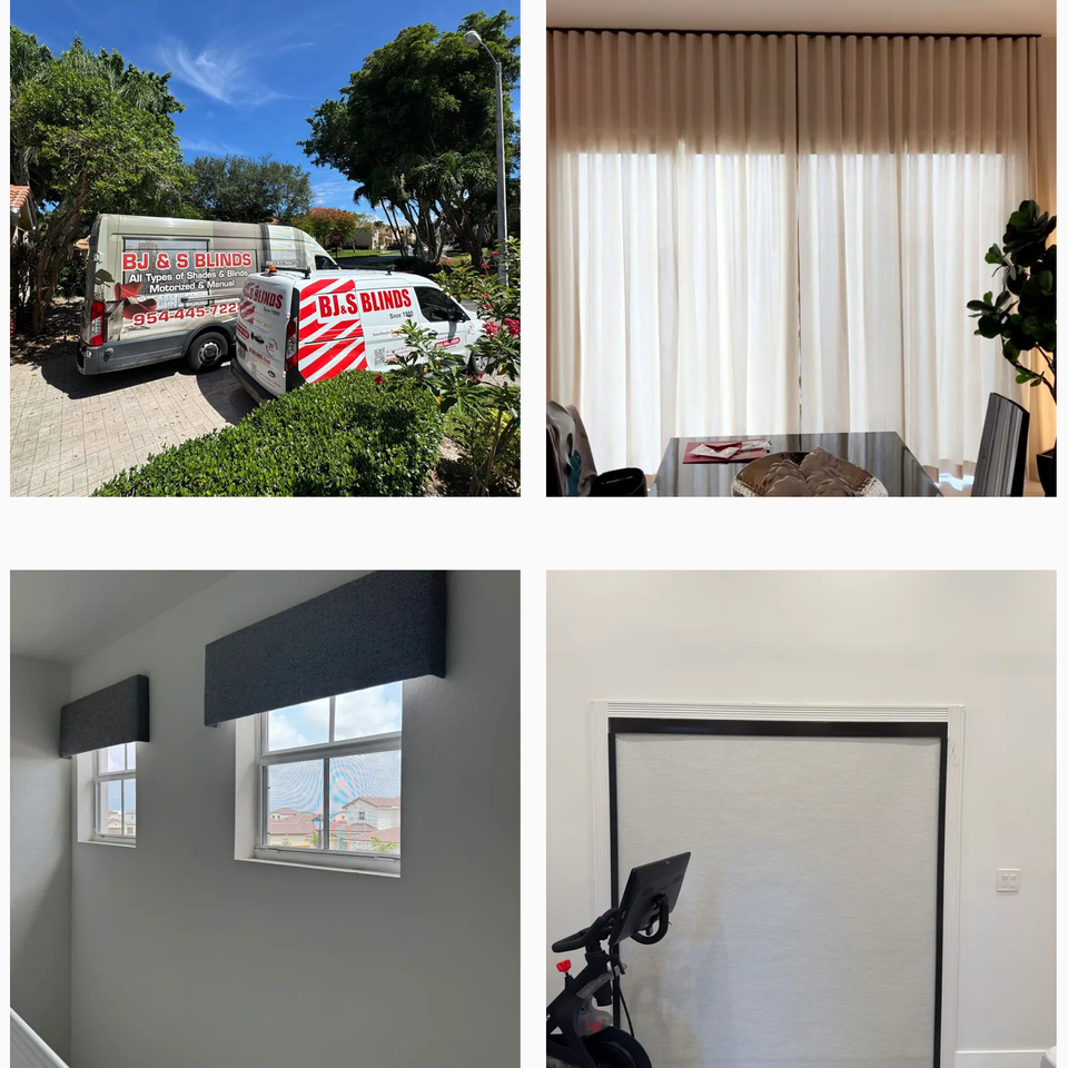 BJ&S Blinds service vans, motorized blackout shade, sheer drapery in dining room, and valance-covered windows in hallway
