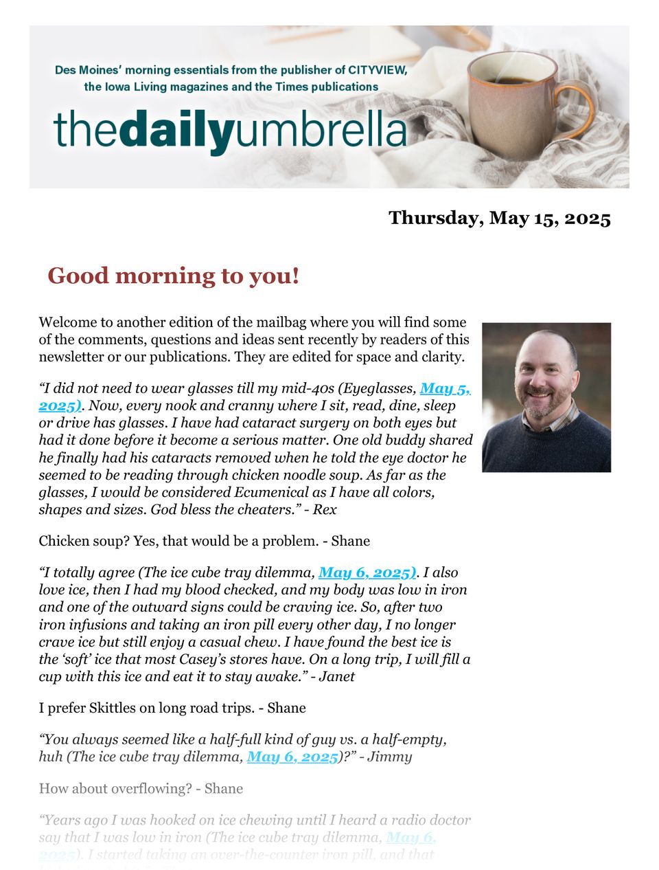 May 15 daily umbrella  petition demands end to ice program  breakfast conundrums  squirrels in a hurricane  1