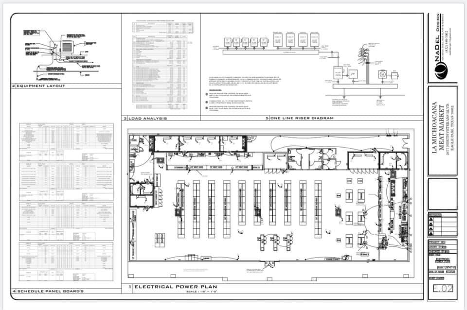 Electrical power plan for La Michoacana Meat Market project by Nadel Design – Layout of power distribution and electrical circuits for the building.