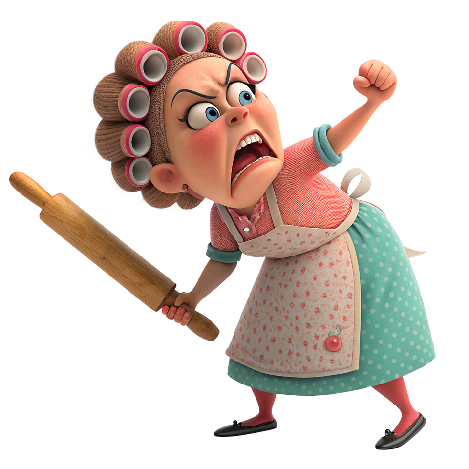woman yelling with a rolling pin