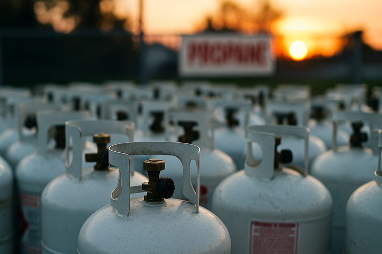 Propane tanks lined up for refilling