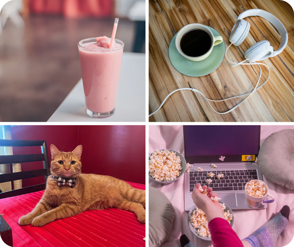 Collage featuring go-to drink Strawberry Smoothie, creative outlets like concerts and music, pet cat named Leo, and happy place relaxing in bed with a movie