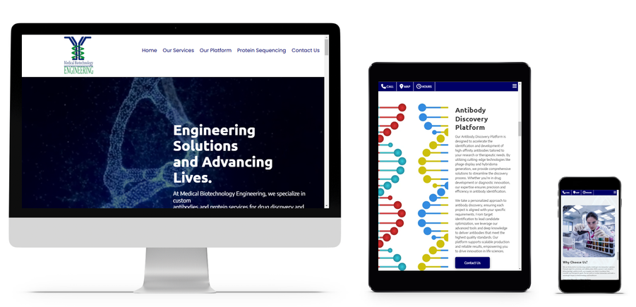 Medical Biotechnology Engineering website at FITCI in Frederick Maryland shown on desktop, tablet, and mobile with antibody discovery and protein sequencing services.