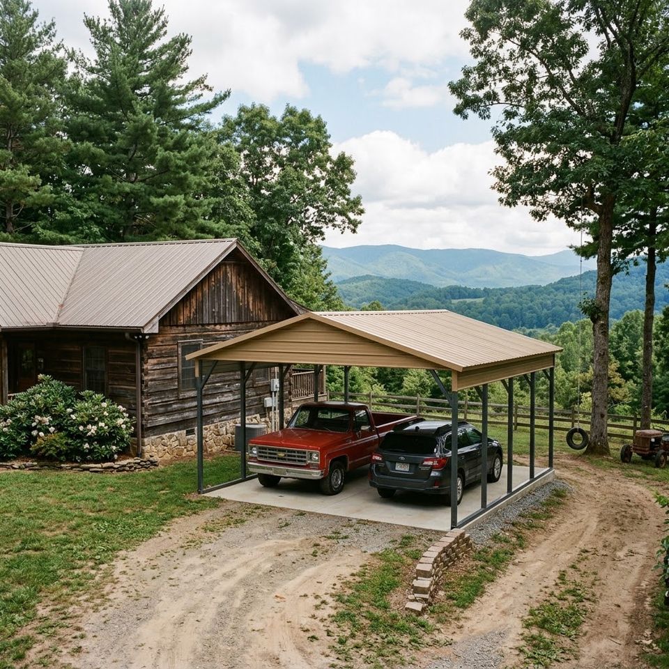 Two car metal carport sheltering a truck and SUV beside a mountain cabin in East Tennessee