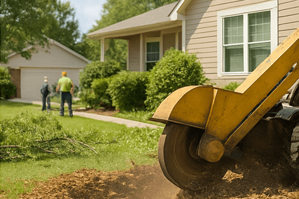 Stump grinder removing a tree stump in a Norcross backyard.