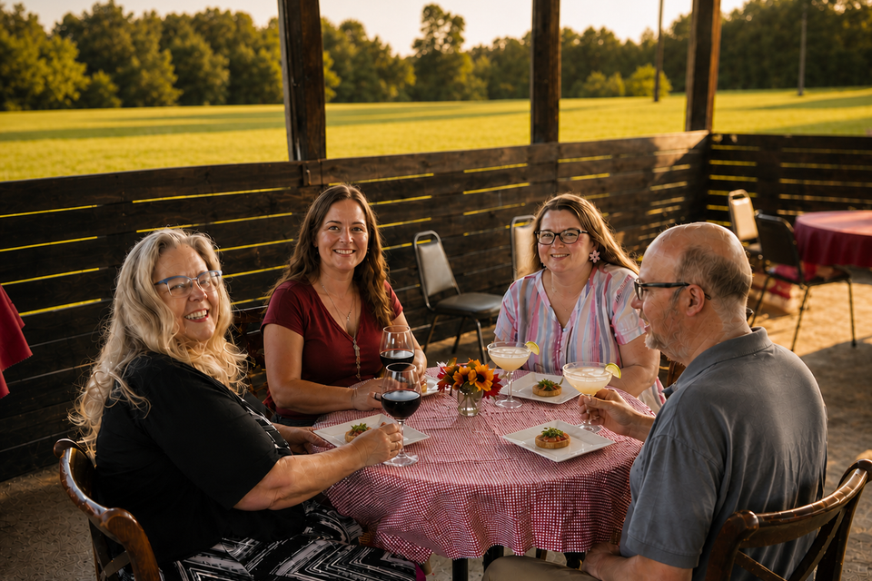 corporate event gathering at elegant rustic venue with natural setting