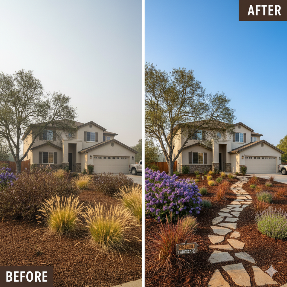 Professional before and after of a drought-tolerant landscape conversion and fire clearing project in El Dorado Hills, featuring a flagstone path, native purple shrubs, and defensible space clearing around a heritage oak tree