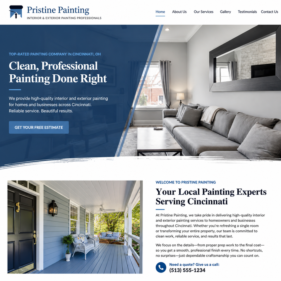 Pristine Painting's website, featuring a header with the tagline 'Interior & Exterior Painting Professionals,' a banner highlighting 'Professional Painting at Affordable Prices,' and images showcasing a modern living room and a painted porch.