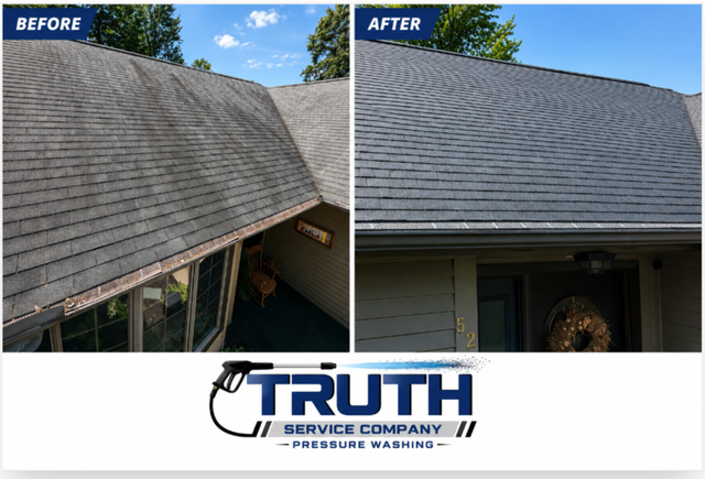 Before and after photos of a shingled roof after pressure washing.