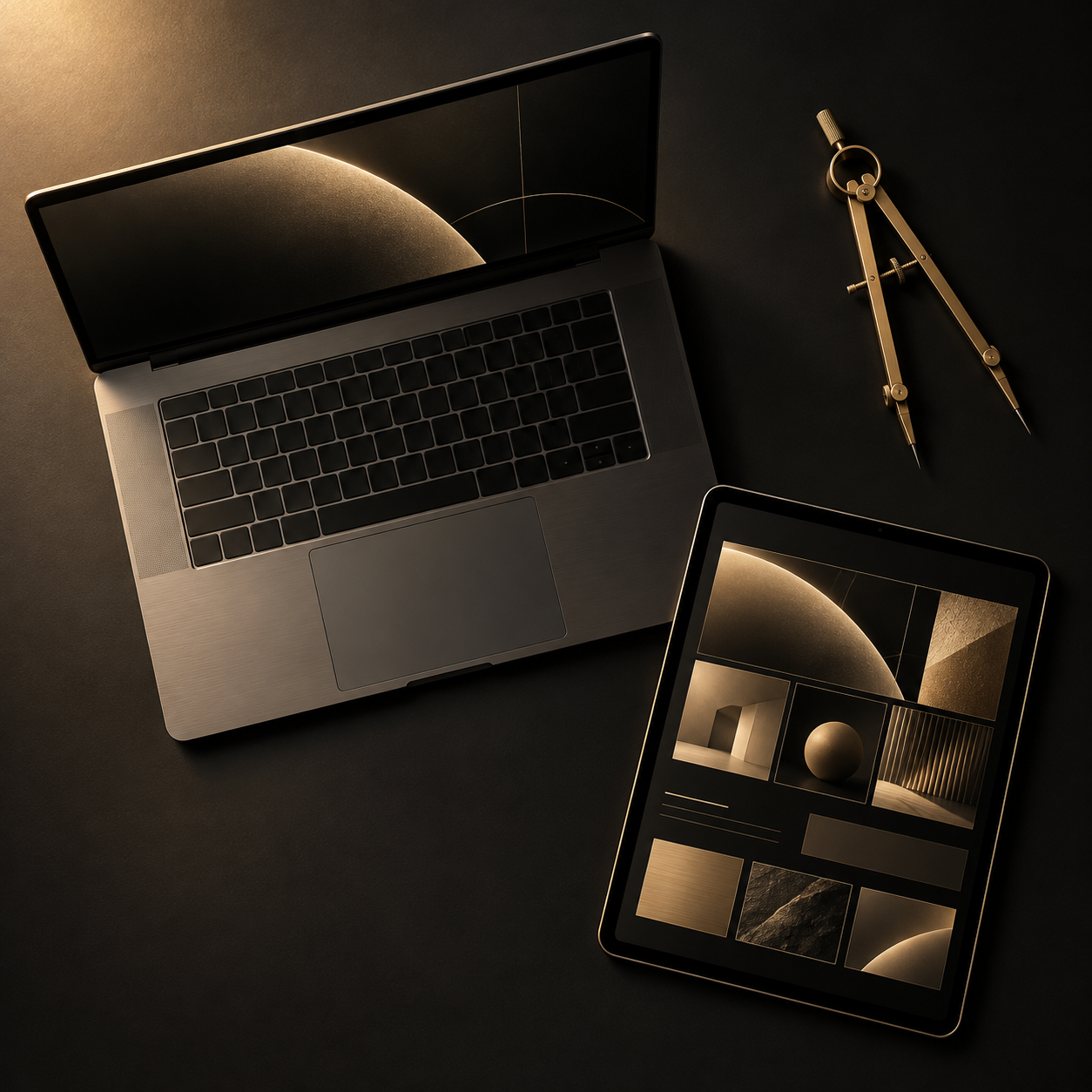 Laptop and tablet with gold website layout blocks on a black desk