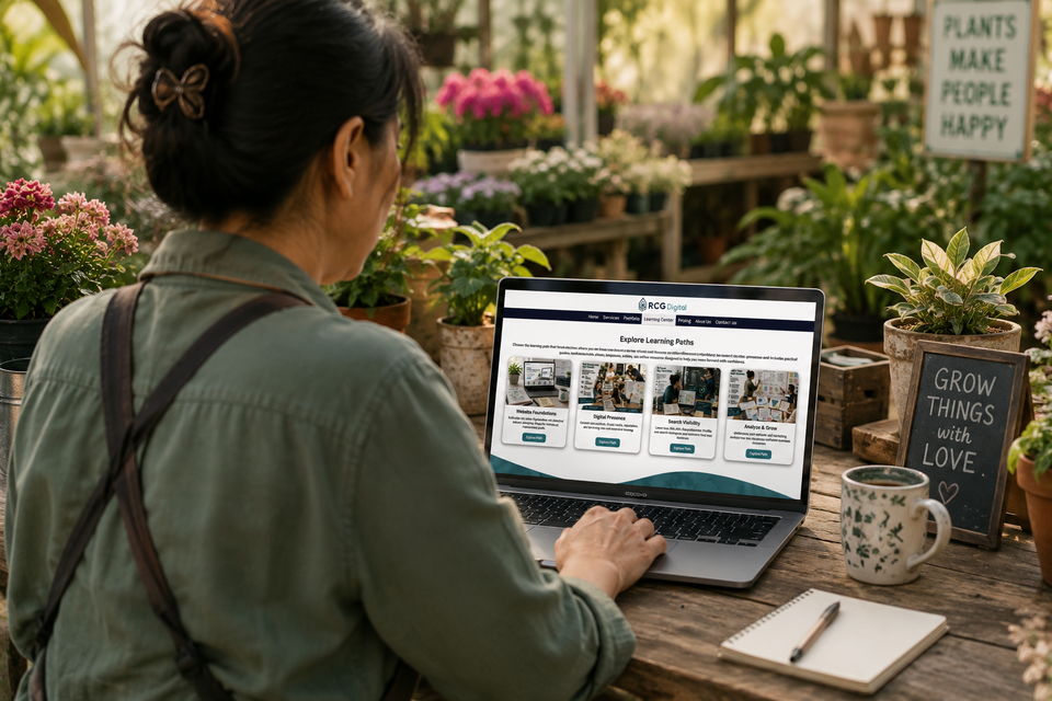 Garden center owner viewing the RCG Digital Learning Center on her laptop in a greenhouse.