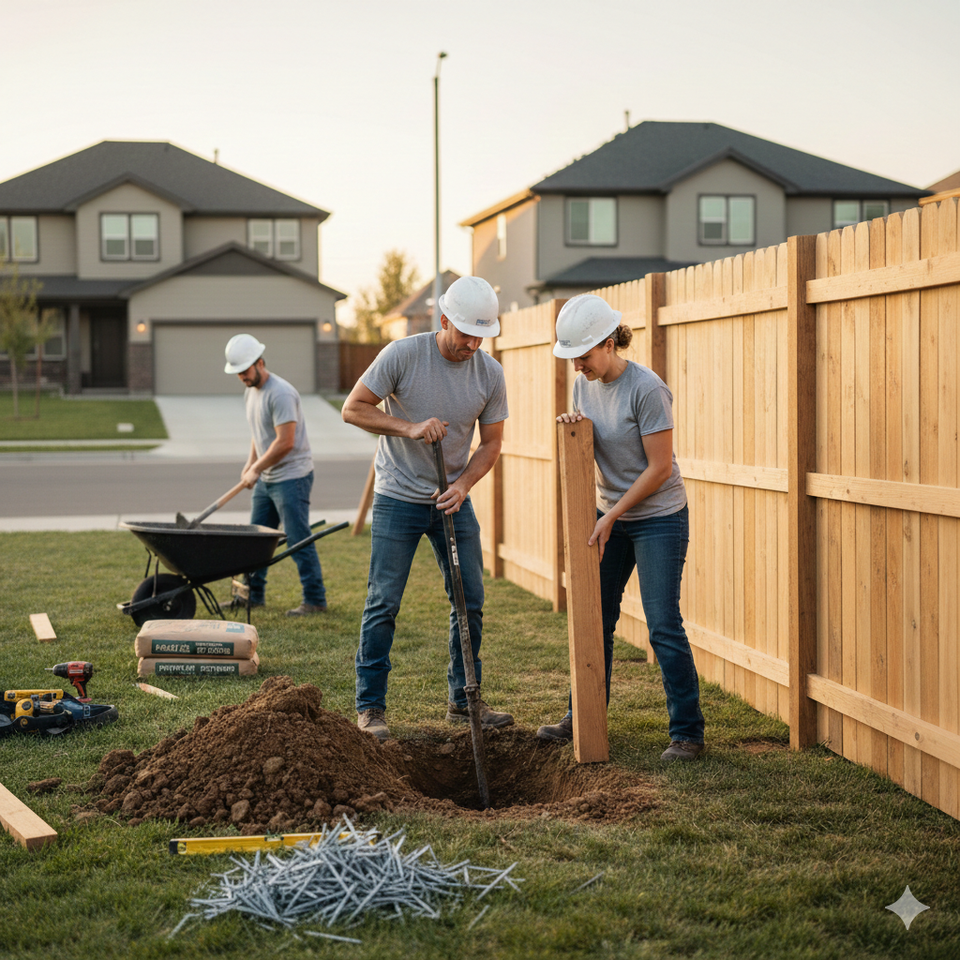Skilled fencing team installing a wood fence with professional tools and materials