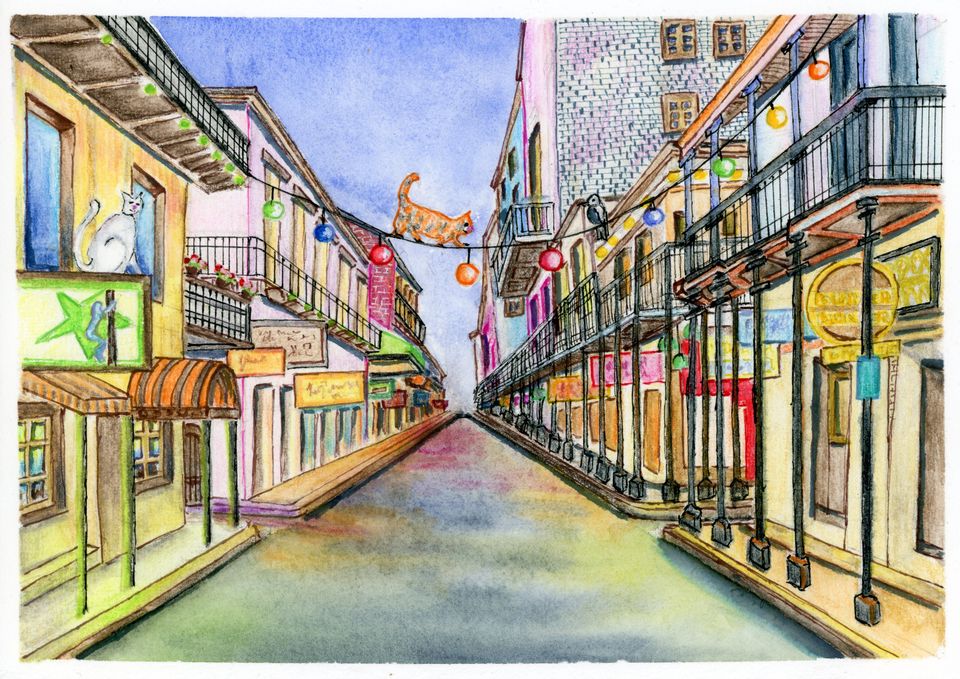 Watercolor painting depicting a vibrant street scene in New Orleans, showcasing colorful buildings and lush greenery.