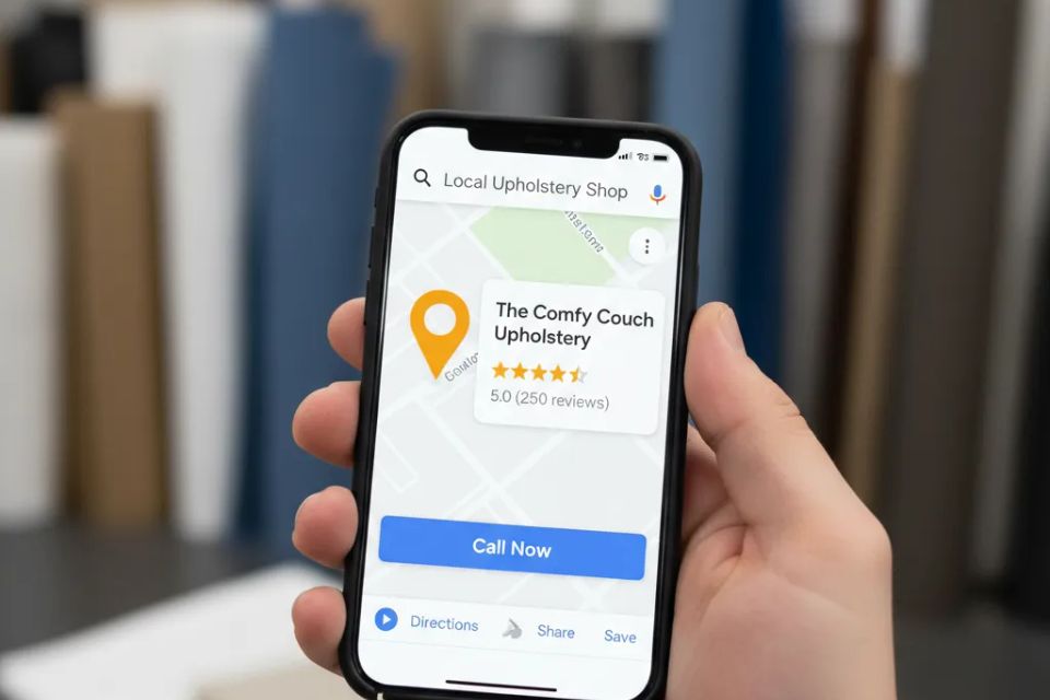 Smartphone showing Google Maps local SEO results for 'upholstery shop near me' with a prominent Call Now button.